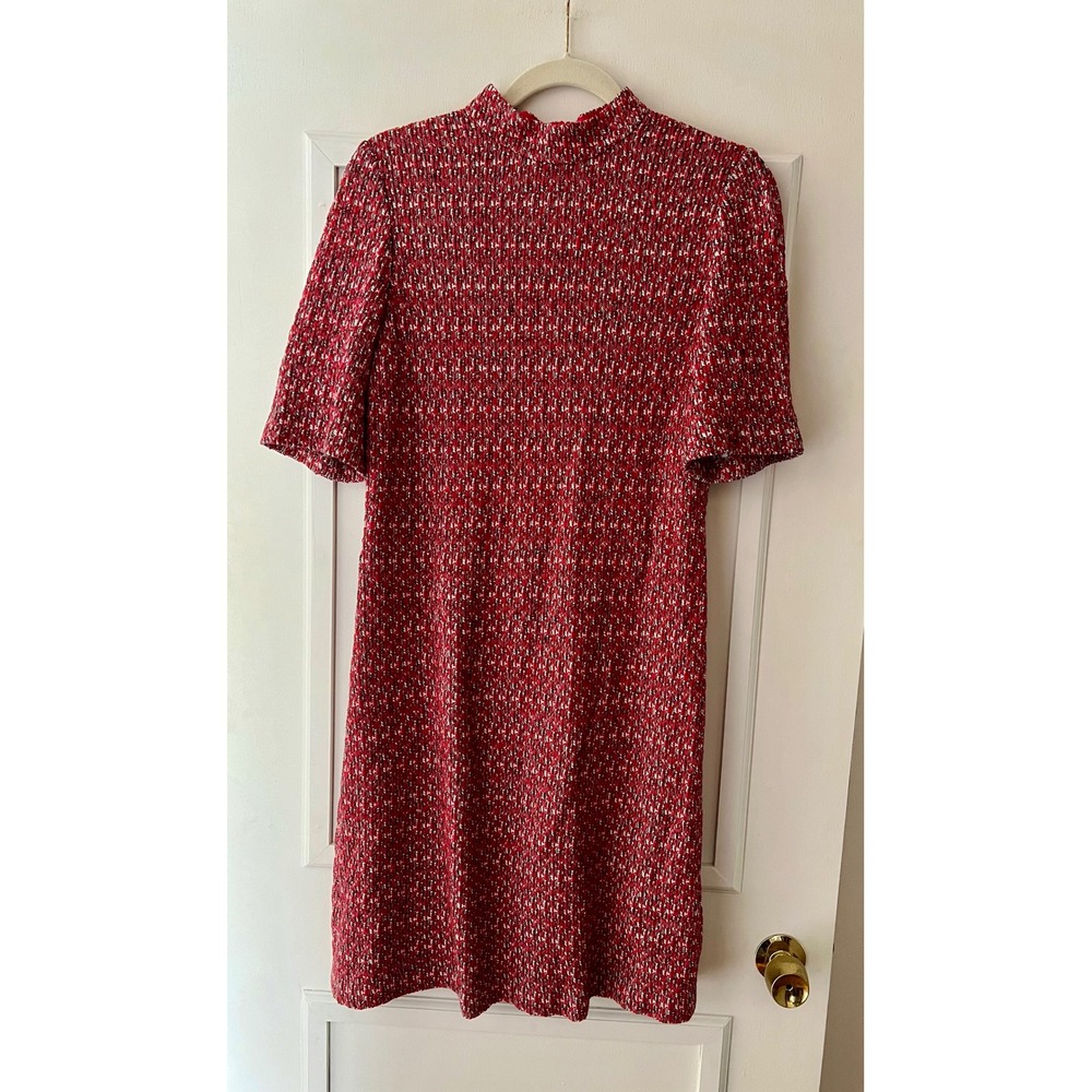 St. John Red Tweed Mock Neck Short Sleeve Shift Dress Wool Blend Textured Dress